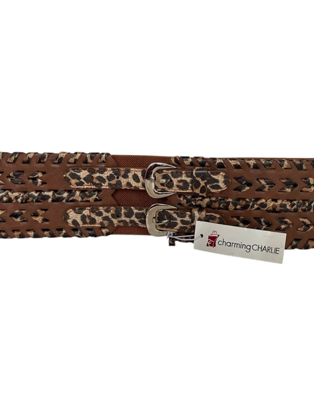 Charming Charlie Tan Wide Braided Faux Leather Dual Buckle Belt Leopard Straps - Picture 3 of 4